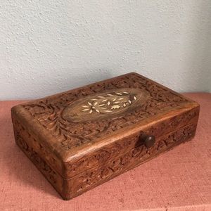 Vintage hand carved wooden box made in India inlay